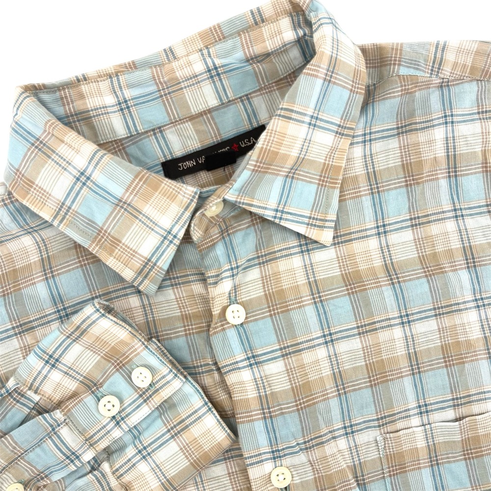 John Varvatos USA Mens Plaid Button Down Shirt Blue Tan Cotton Size M 549